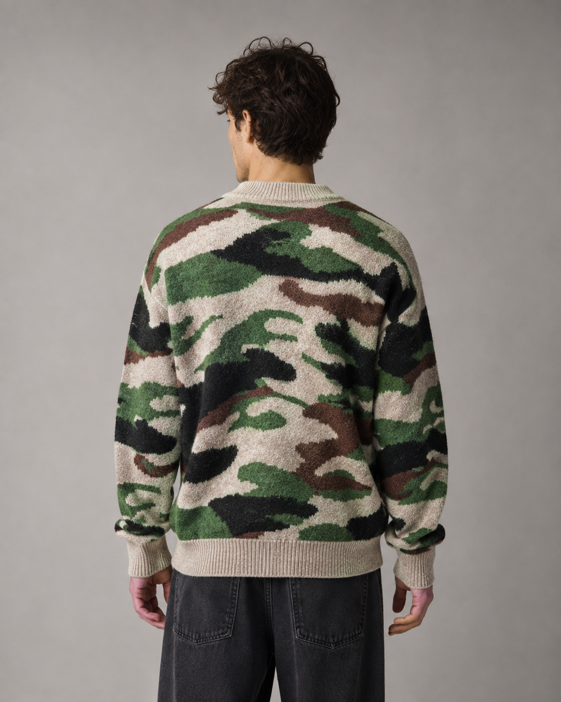 Men's Camo Knit Sweater - Relaxed Crew Neck Streetwear Fit
