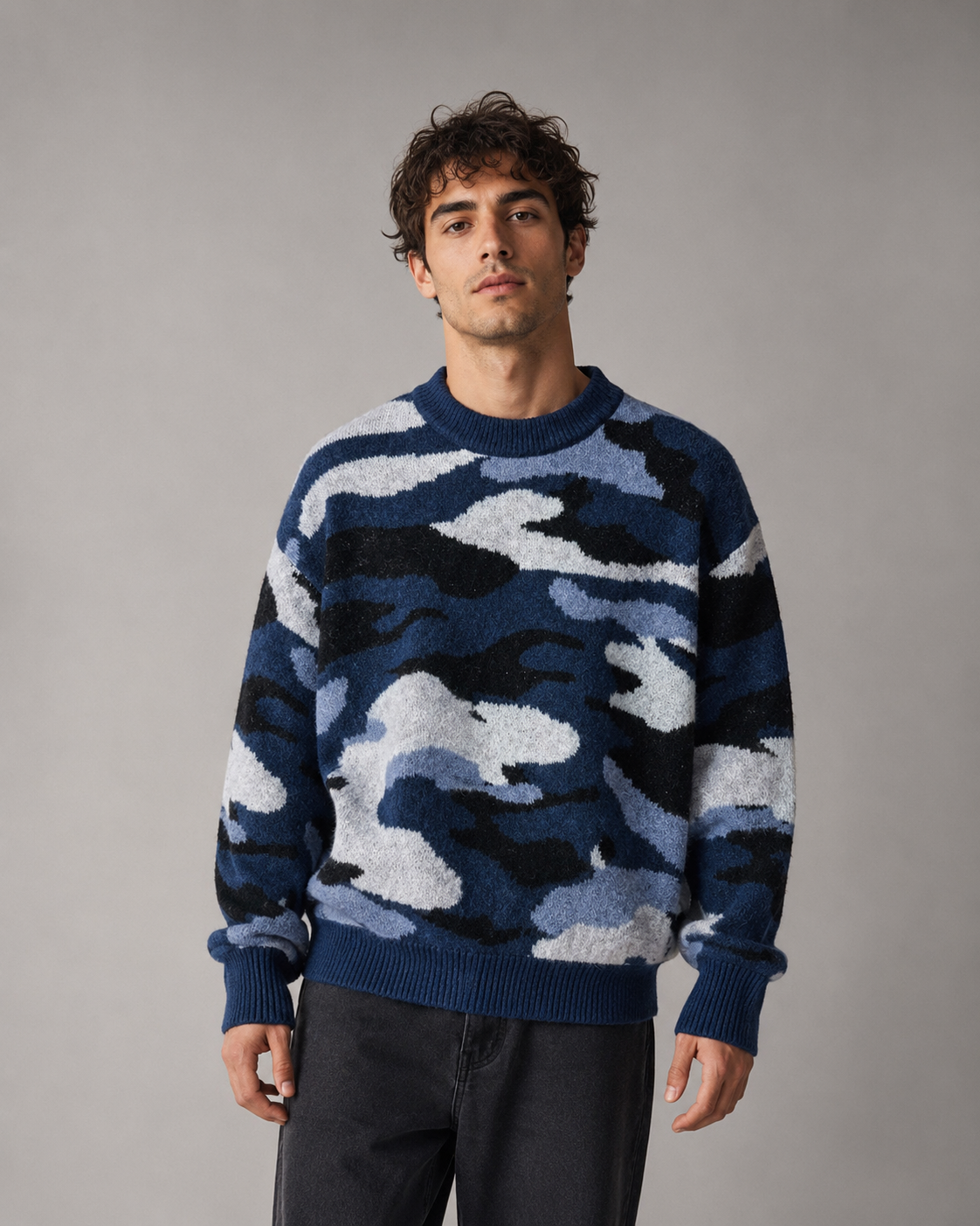 Men's Camo Knit Sweater - Relaxed Crew Neck Streetwear Fit