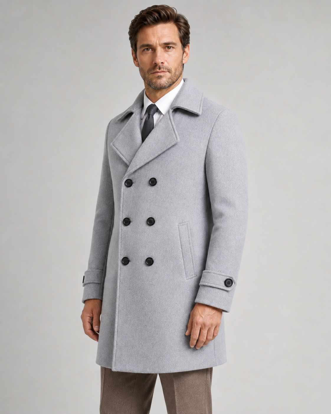 Men's Double-Breasted Long Overcoat - Wide Lapel Tailored Fit