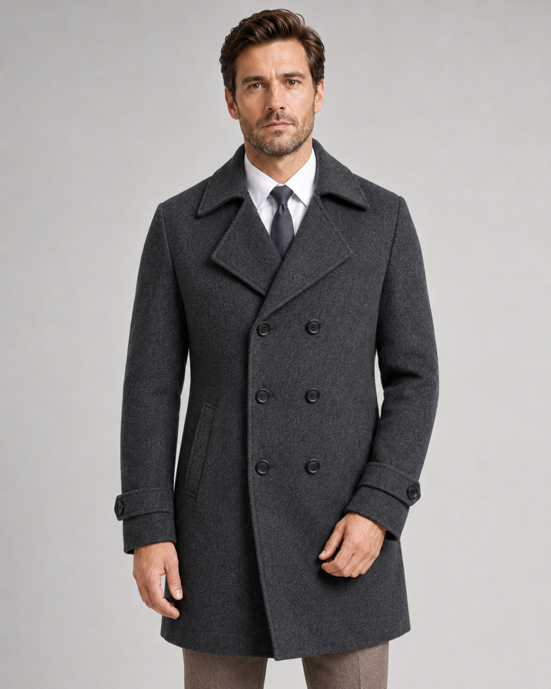 Men's Double-Breasted Long Overcoat - Wide Lapel Tailored Fit