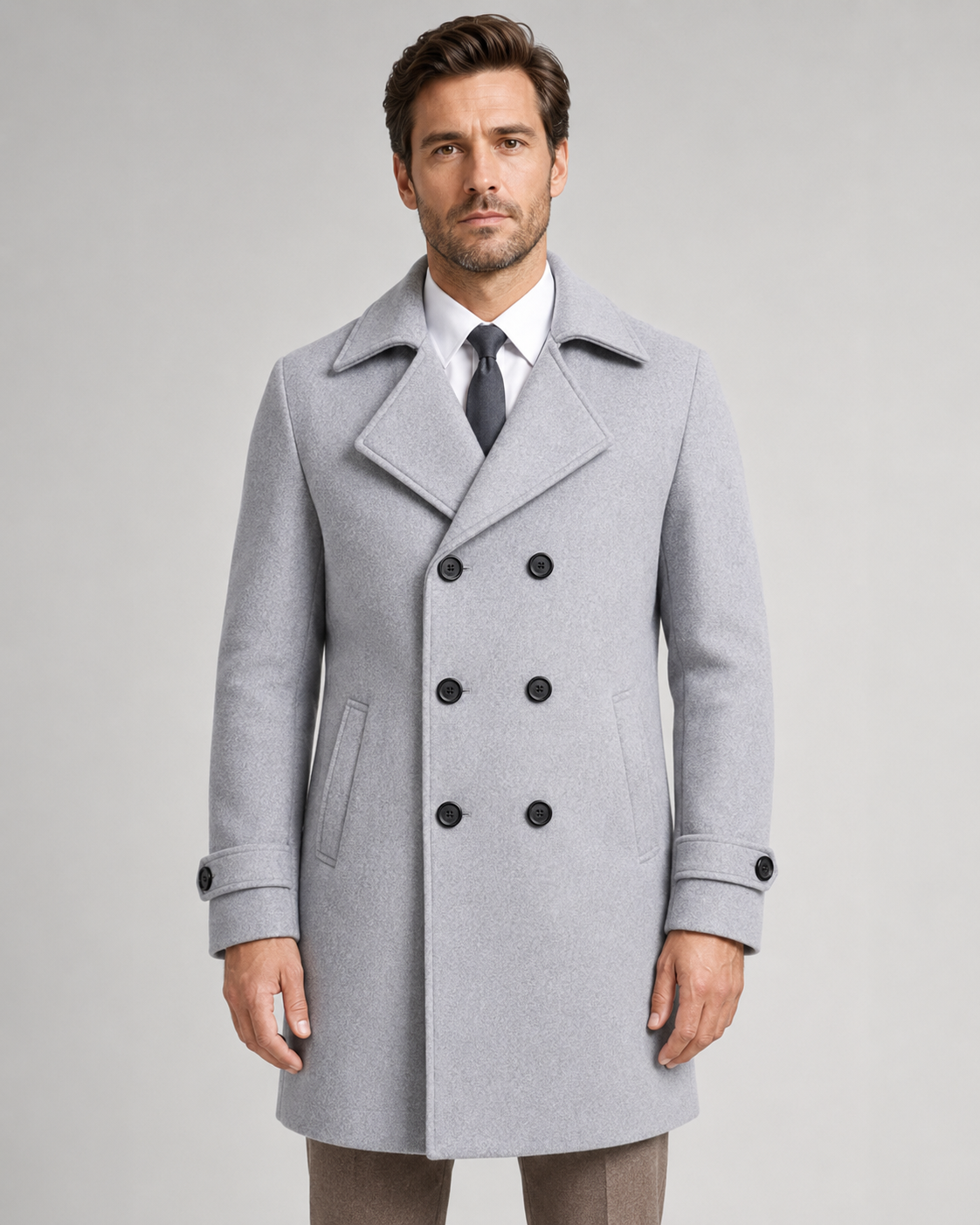Men's Double-Breasted Long Overcoat - Wide Lapel Tailored Fit