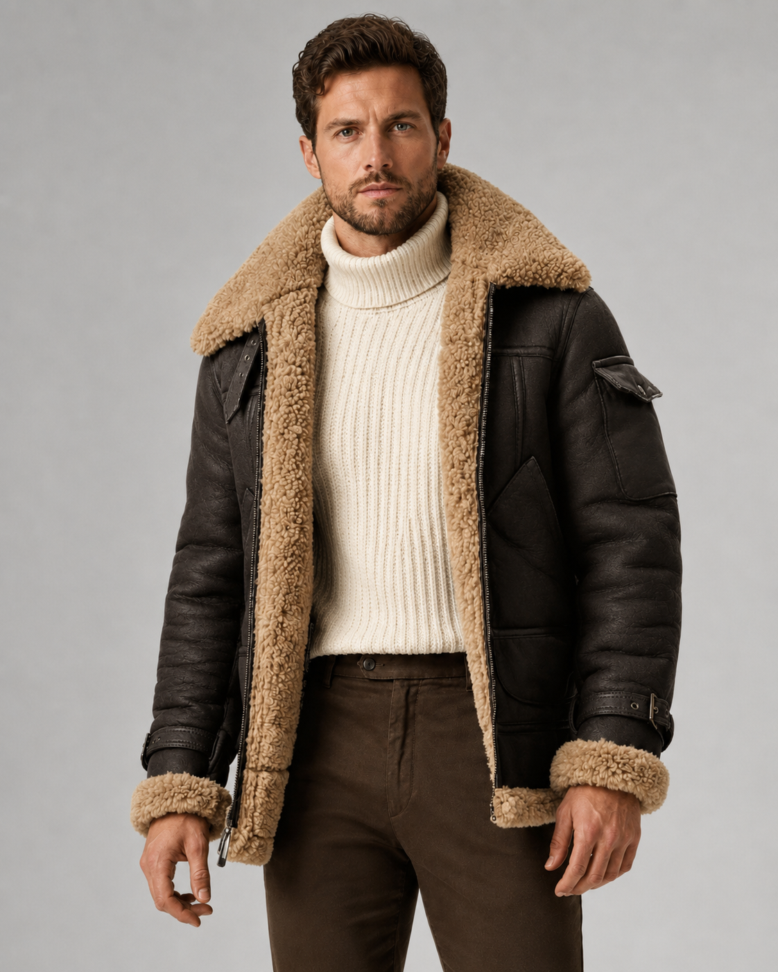 Men's Shearling-Lined Faux Leather Aviator Jacket