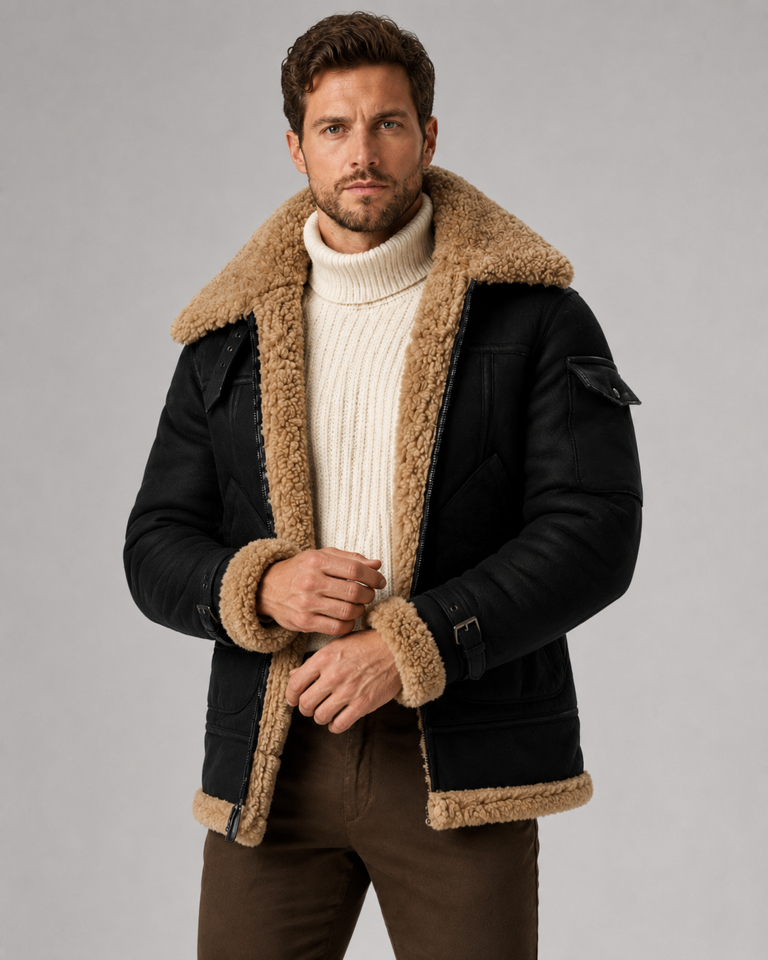 Men's Shearling-Lined Faux Leather Aviator Jacket
