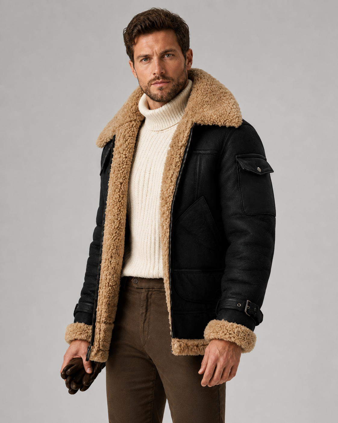 Men's Shearling-Lined Faux Leather Aviator Jacket