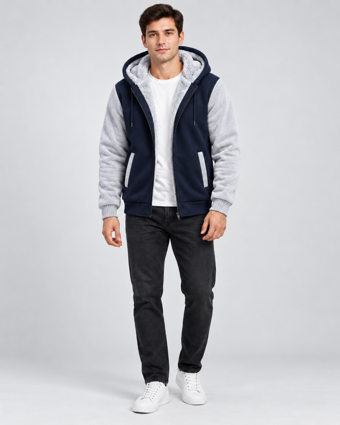 Men's Fleece-Lined Hooded Zip Jacket – Contrast Sleeve Regular Fit