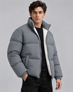 Men's Fleece-Lined Puffer Jacket - High Collar Zip Front