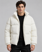 Men's Fleece-Lined Puffer Jacket - High Collar Zip Front