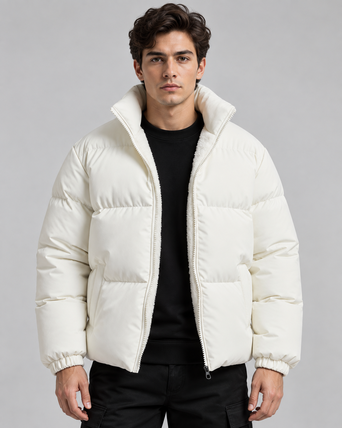 Men's Fleece-Lined Puffer Jacket - High Collar Zip Front