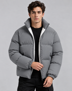 Men's Fleece-Lined Puffer Jacket - High Collar Zip Front