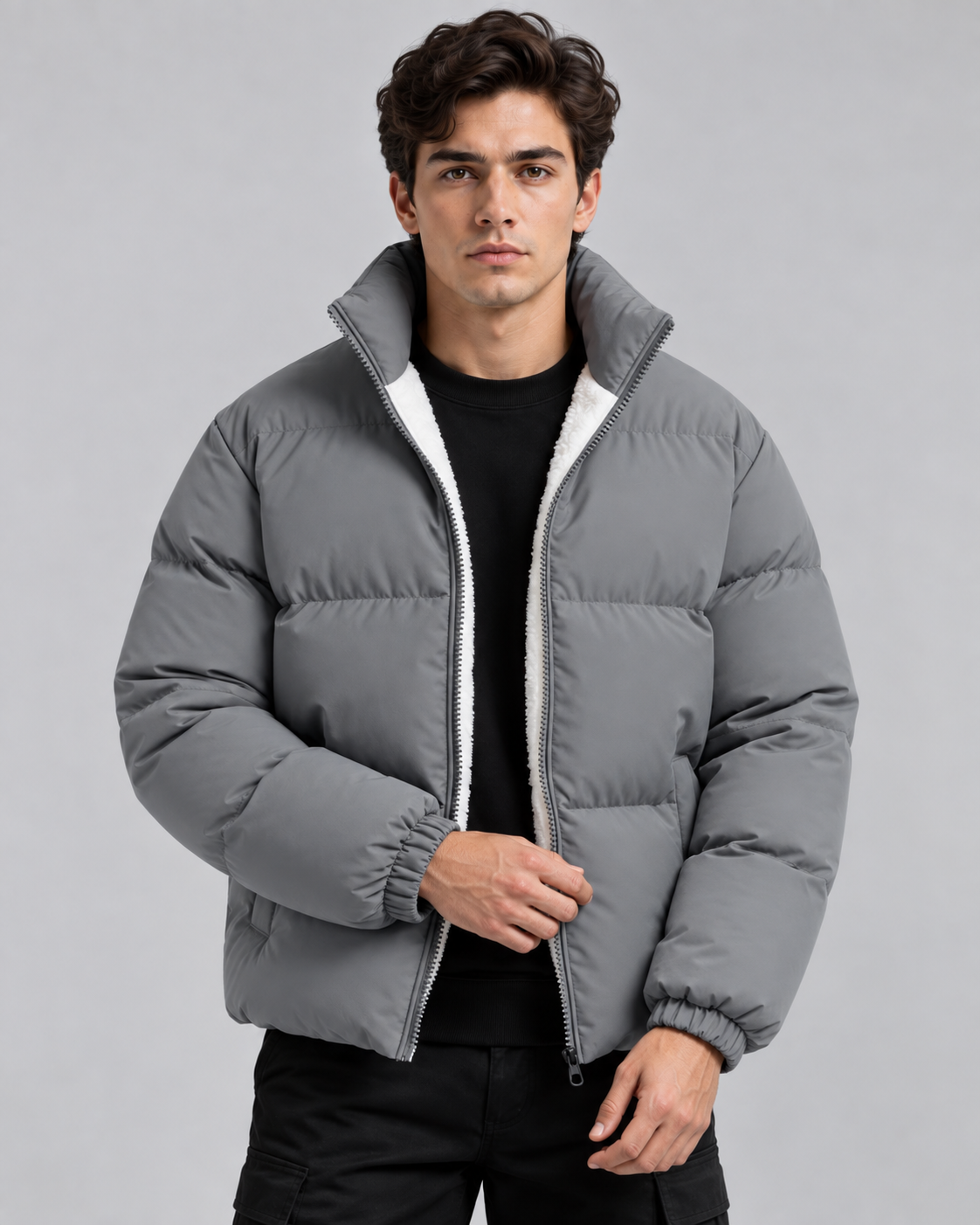 Men's Fleece-Lined Puffer Jacket - High Collar Zip Front