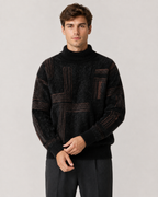 Men's Fluffy Knit Sweater - Geometric Funnel Neck Relaxed Fit