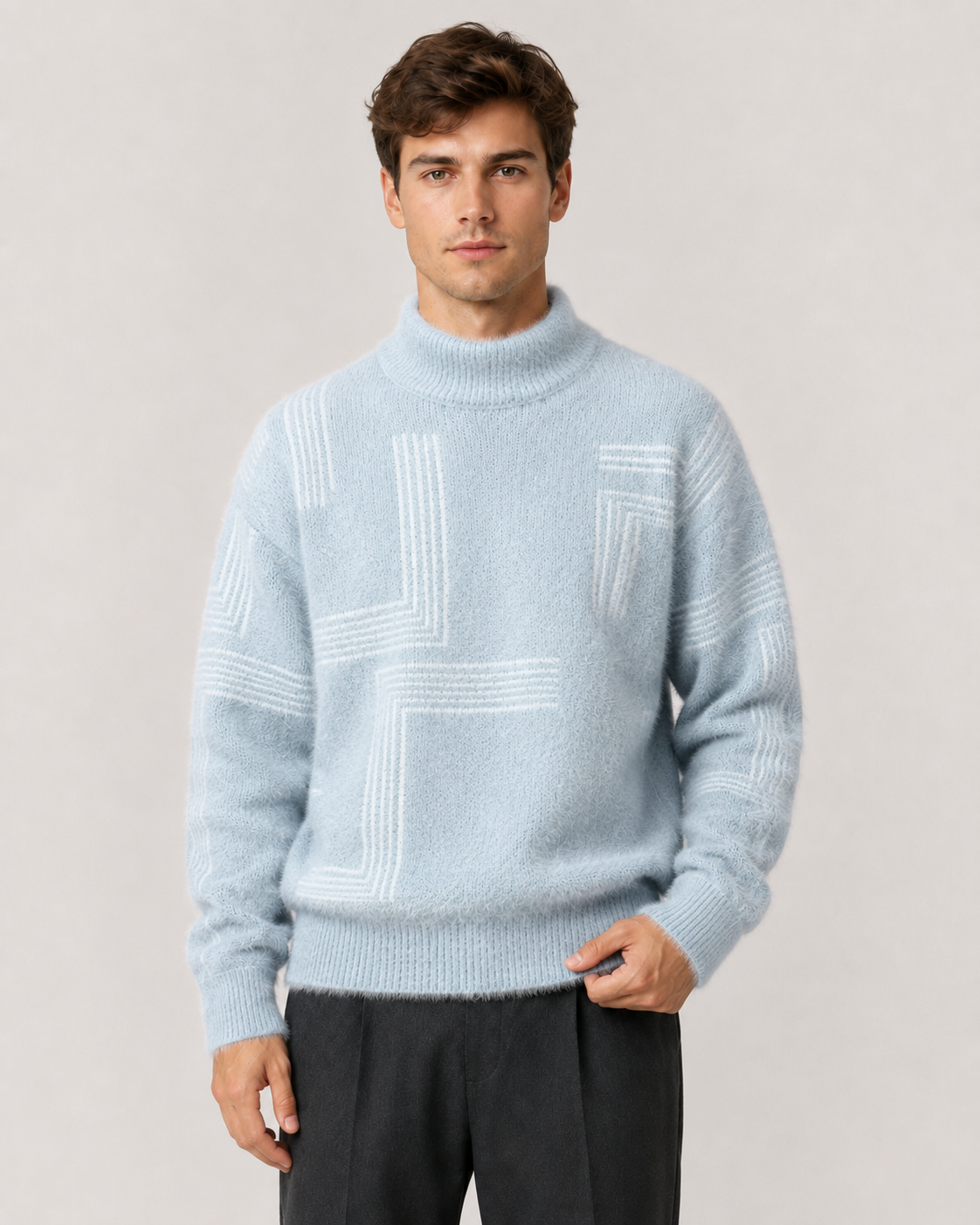 Men's Fluffy Knit Sweater - Geometric Funnel Neck Relaxed Fit