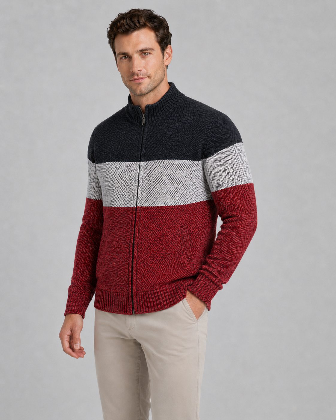 Men's Full Zip Knitted Cardigan - Colour Block Ribbed Stand Collar