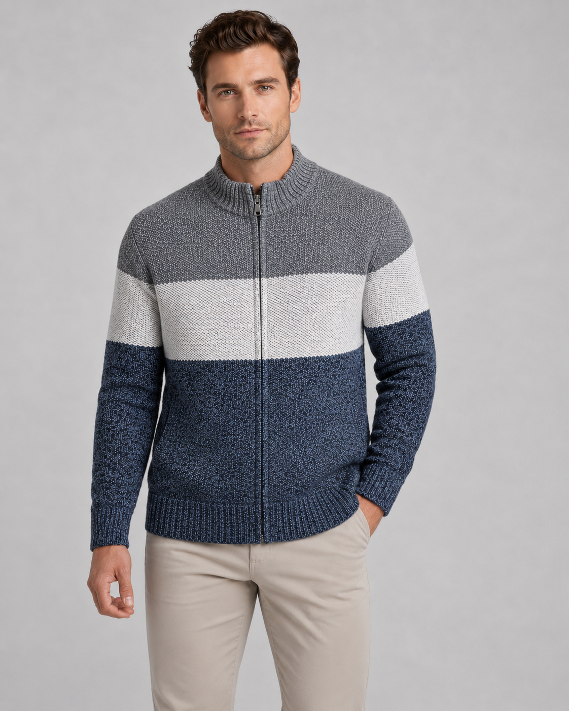 Men's Full Zip Knitted Cardigan - Colour Block Ribbed Stand Collar