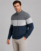 Men's Full Zip Knitted Cardigan - Colour Block Ribbed Stand Collar