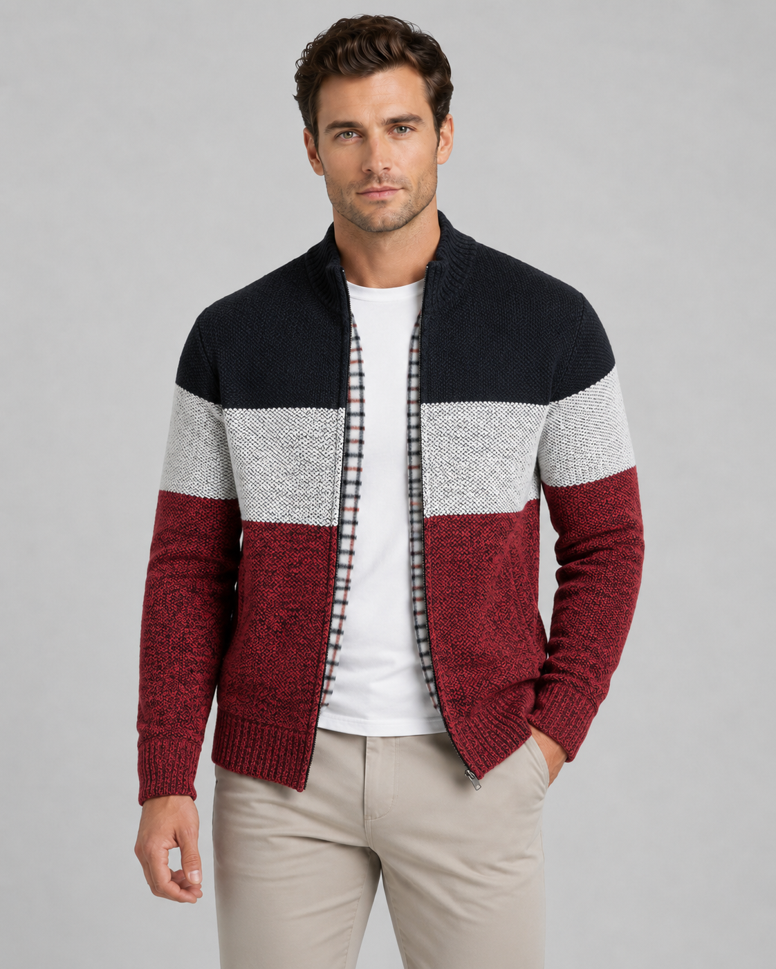 Men's Full Zip Knitted Cardigan - Colour Block Ribbed Stand Collar