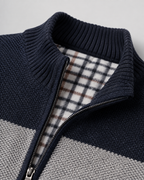 Men's Full Zip Knitted Cardigan - Colour Block Ribbed Stand Collar