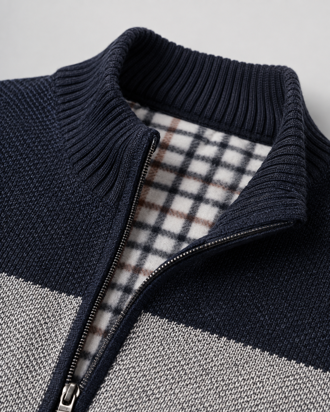 Men's Full Zip Knitted Cardigan - Colour Block Ribbed Stand Collar