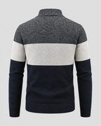 Men's Full Zip Knitted Cardigan - Colour Block Ribbed Stand Collar