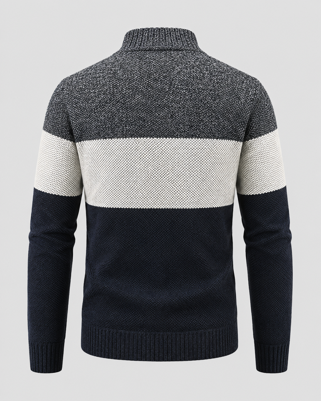 Men's Full Zip Knitted Cardigan - Colour Block Ribbed Stand Collar