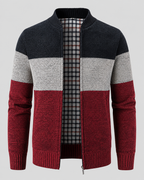 Men's Full Zip Knitted Cardigan - Colour Block Ribbed Stand Collar