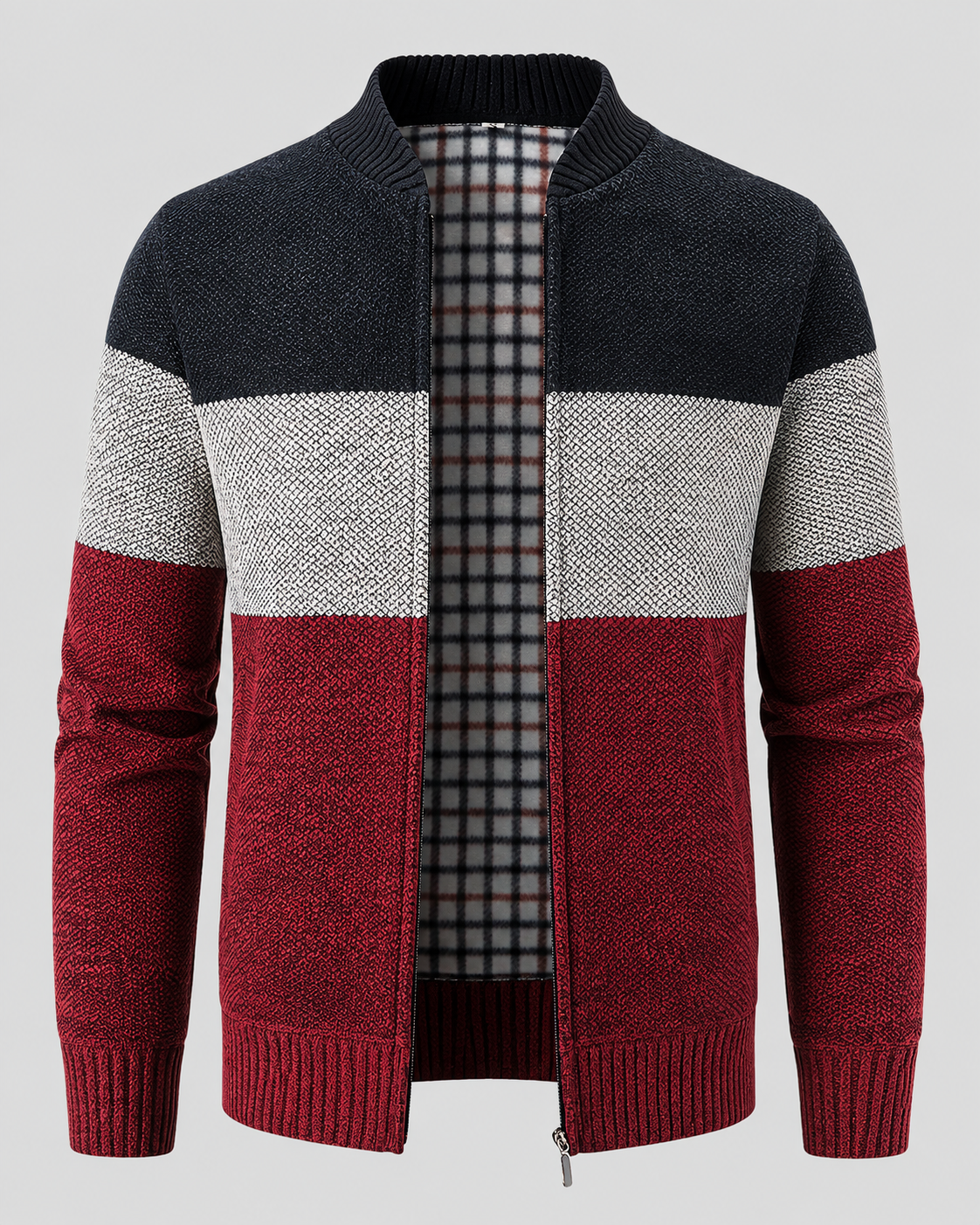 Men's Full Zip Knitted Cardigan - Colour Block Ribbed Stand Collar