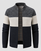 Men's Full Zip Knitted Cardigan - Colour Block Ribbed Stand Collar