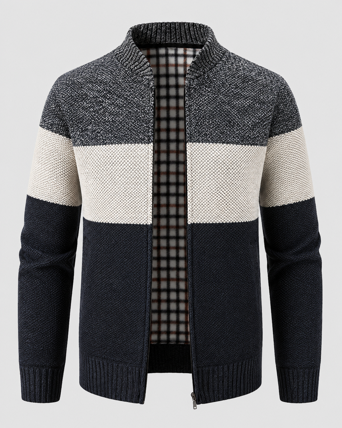 Men's Full Zip Knitted Cardigan - Colour Block Ribbed Stand Collar
