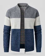 Men's Full Zip Knitted Cardigan - Colour Block Ribbed Stand Collar