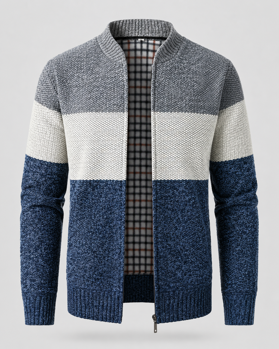 Men's Full Zip Knitted Cardigan - Colour Block Ribbed Stand Collar