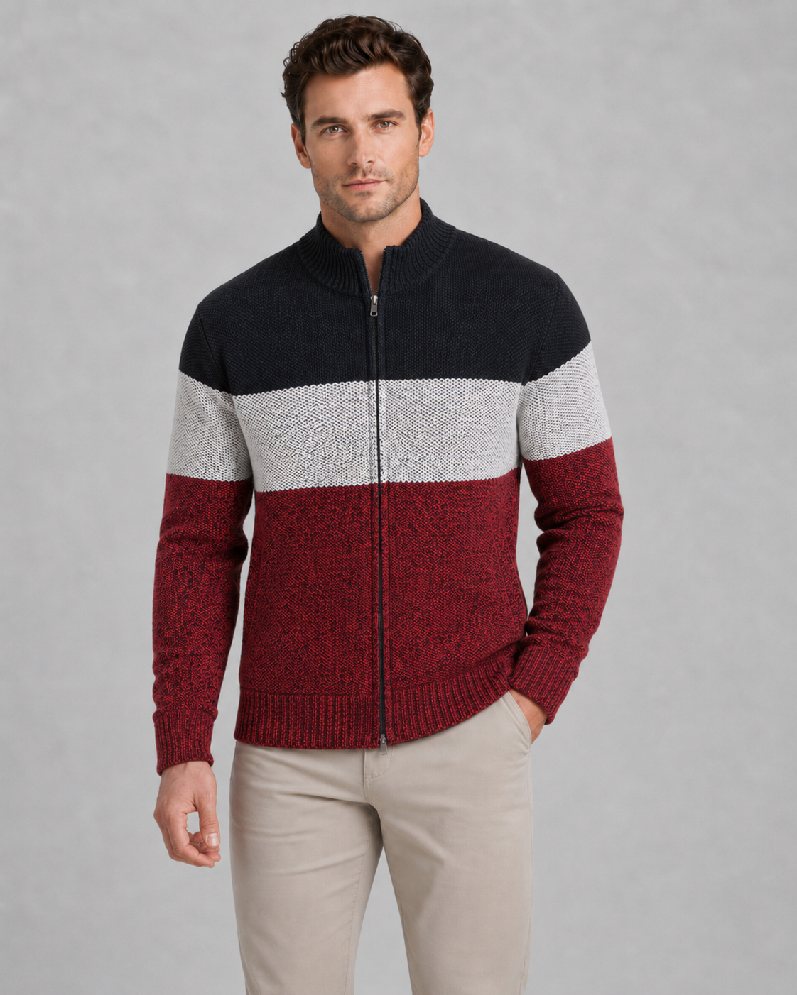 Men's Full Zip Knitted Cardigan - Colour Block Ribbed Stand Collar
