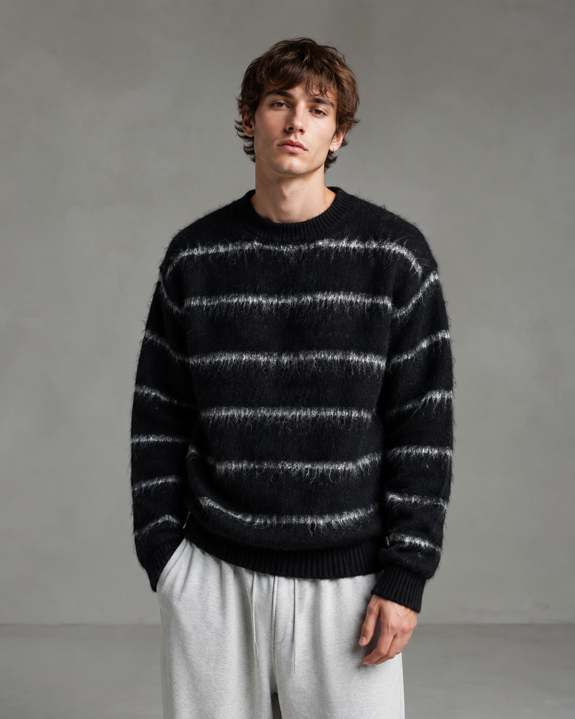 Men's Fuzzy Striped Knit Sweater - Relaxed Boxy Streetwear Fit