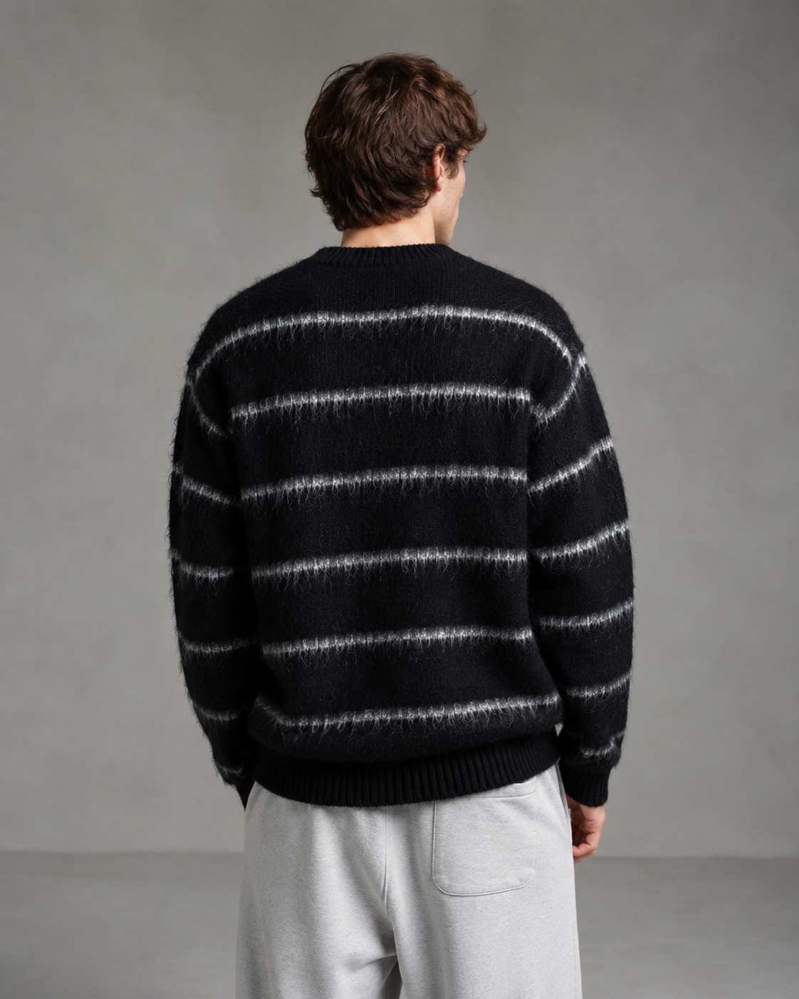 Men's Fuzzy Striped Knit Sweater - Relaxed Boxy Streetwear Fit