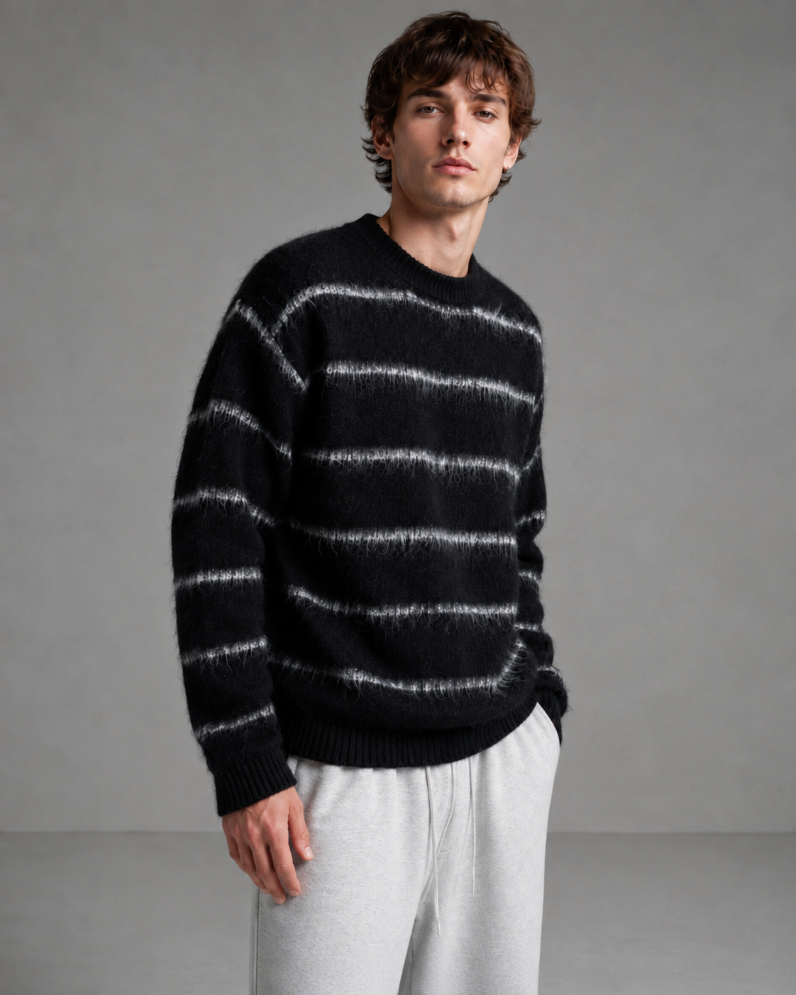 Men's Fuzzy Striped Knit Sweater - Relaxed Boxy Streetwear Fit