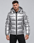 Men's Glossy Hooded Puffer Jacket - Quilted Hip-Length Zip-Up