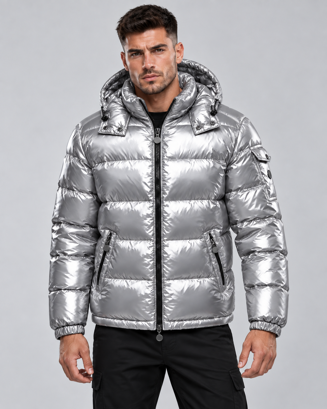 Men's Glossy Hooded Puffer Jacket - Quilted Hip-Length Zip-Up