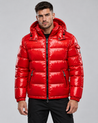 Men's Glossy Hooded Puffer Jacket - Quilted Hip-Length Zip-Up