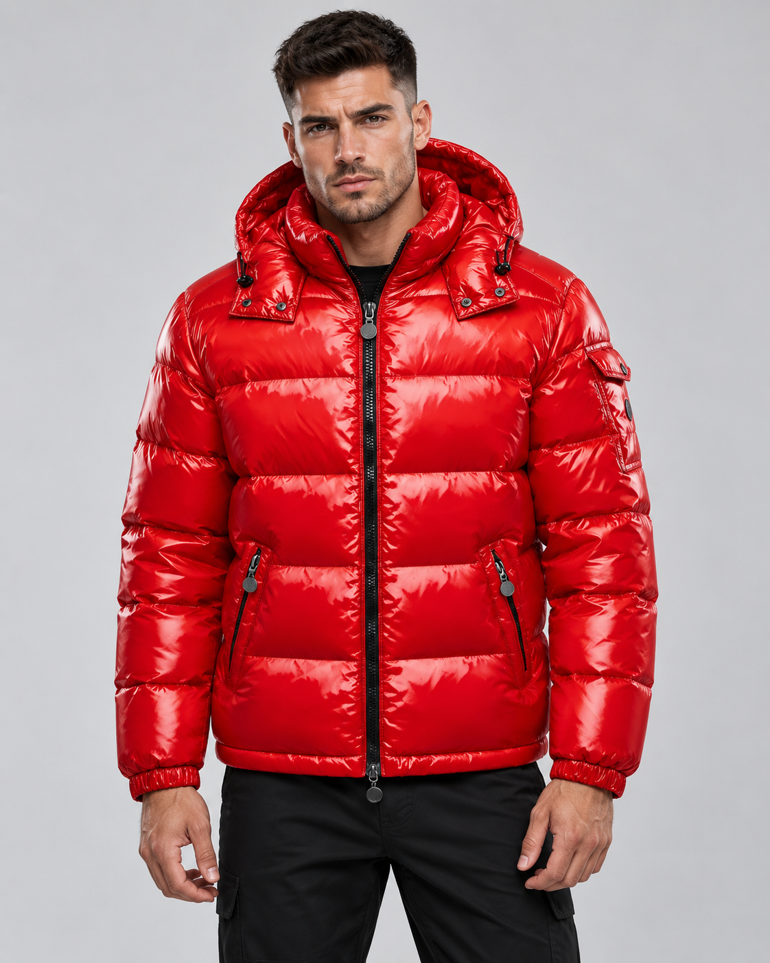 Men's Glossy Hooded Puffer Jacket - Quilted Hip-Length Zip-Up