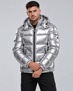 Men's Glossy Hooded Puffer Jacket - Quilted Hip-Length Zip-Up