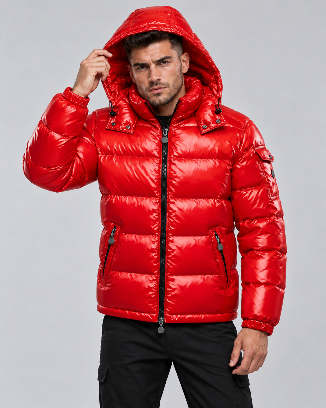 Men's Glossy Hooded Puffer Jacket - Quilted Hip-Length Zip-Up