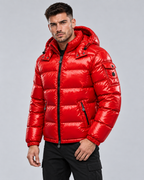 Men's Glossy Hooded Puffer Jacket - Quilted Hip-Length Zip-Up