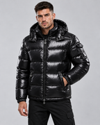 Men's Glossy Hooded Puffer Jacket - Quilted Hip-Length Zip-Up