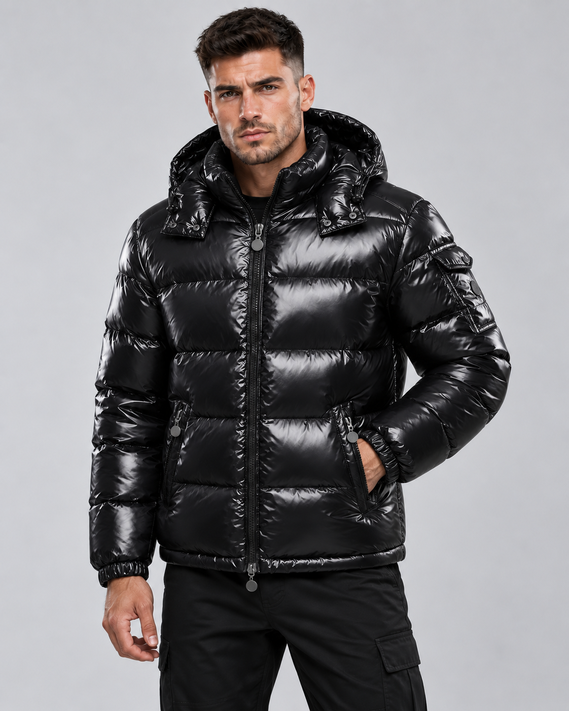 Men's Glossy Hooded Puffer Jacket - Quilted Hip-Length Zip-Up