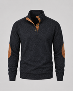 Men's Heathered Button Neck Sweater - Stand Collar Elbow Patches