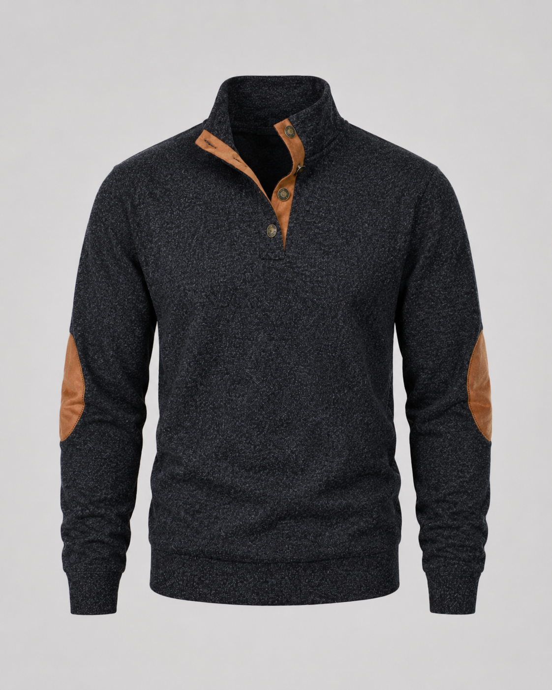 Men's Heathered Button Neck Sweater - Stand Collar Elbow Patches