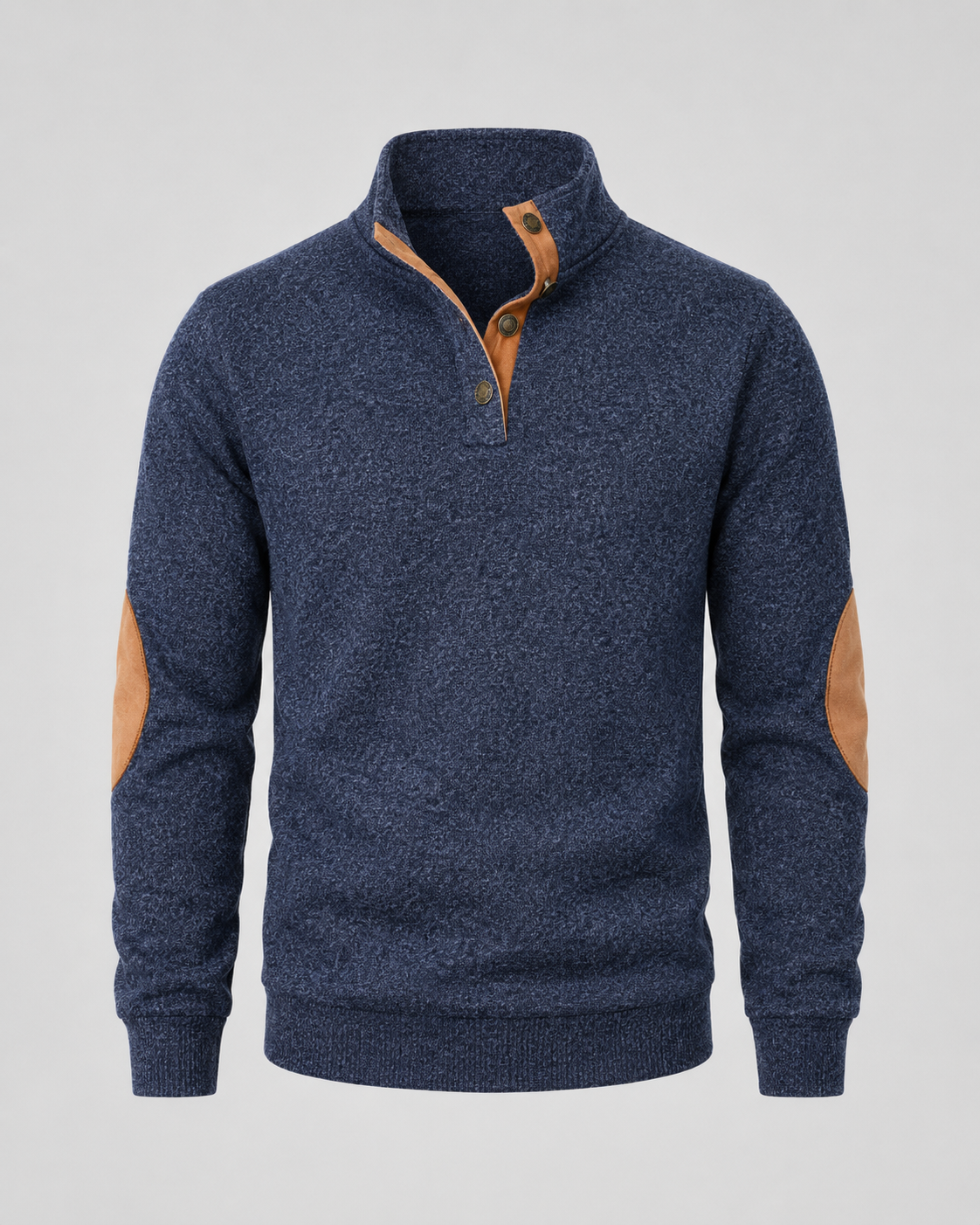 Men's Heathered Button Neck Sweater - Stand Collar Elbow Patches