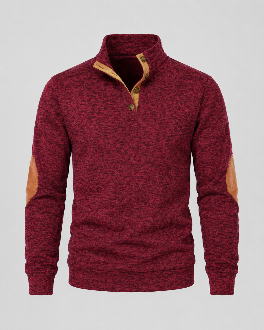 Men's Heathered Button Neck Sweater - Stand Collar Elbow Patches