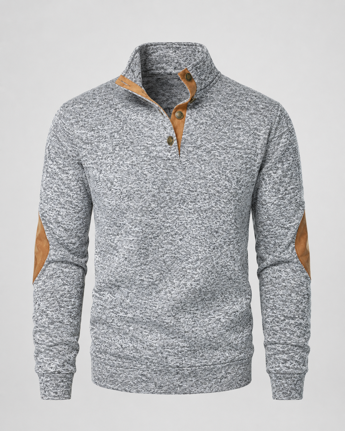 Men's Heathered Button Neck Sweater - Stand Collar Elbow Patches