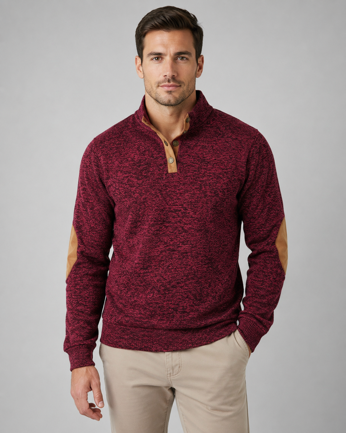 Men's Heathered Button Neck Sweater - Stand Collar Elbow Patches