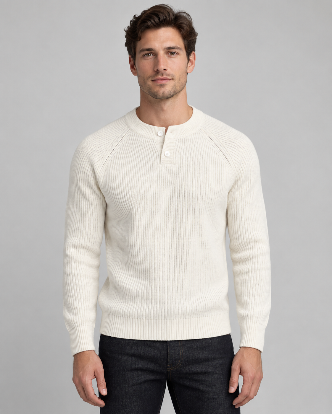 Men's Henley Sweater - Ribbed Knit Button Neck Raglan Sleeve